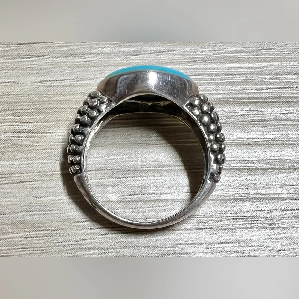 Vintage Designer Sterling Silver Pebbled Caviar Pointed Turquoise Ring, Size 6